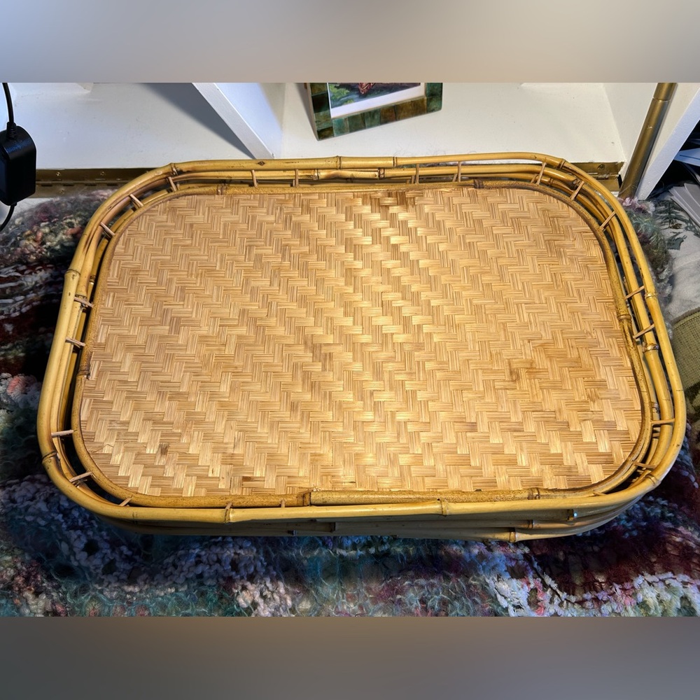 Vintage Bamboo Rattan Serving Tray Woven Wicker Boho Rectangular Made in Taiwan